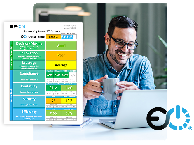 Happy man with glasses in front of laptop with image of IT score card